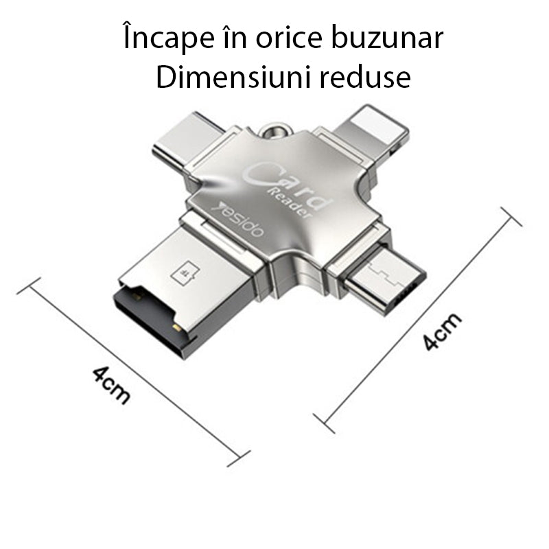 Cititor de Carduri MicroSD + Adaptor USB, Type-C, Lightning, Micro-USB - Yesido (GS13) - Silver