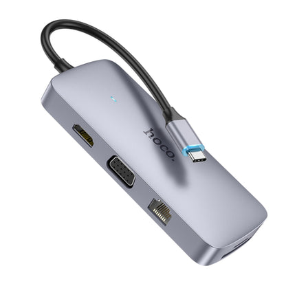 Hub Type-C to USB3.0, 2xUSB2.0, HDMI, RJ45, SD/TF Card, Type-C, VGA, Aux - Hoco (HB33) - Metal Gray