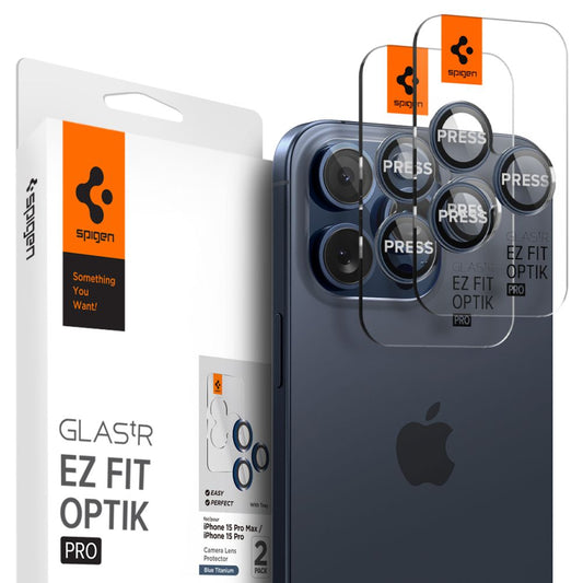 Folie Camera pentru iPhone 14 Pro  / 14 Pro Max / 15 Pro / 15 Pro Max (set 2) - Spigen Glas.tR Optik - Blue Titanium