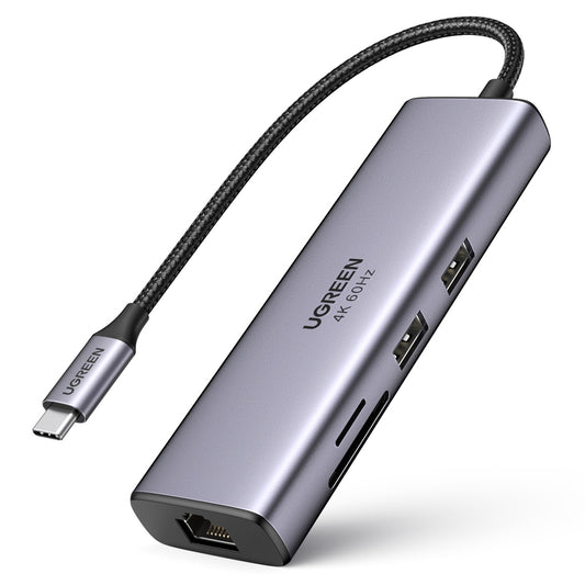 [RETURNED ITEM] Ugreen 7in1 multi-functional HUB USB Type C - 2x USB 3.2 Gen 1 / HDMI 4K 60Hz / SD and TF card reader / USB Type C PD 100W / RJ45 1000Mbps (1Gbps) gray (60515 CM512)