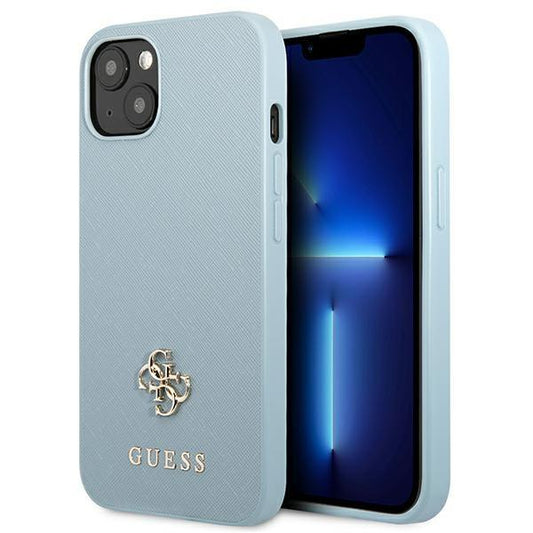 Etui Guess GUHCP13SPS4MB na iPhone 13 mini - niebieskie Saffiano 4G Small Metal Logo