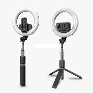 Selfie Stick si trepied Ring light LED pentru telefon, Wireless, 360 grade, 90 cm, 9 moduri de lumina