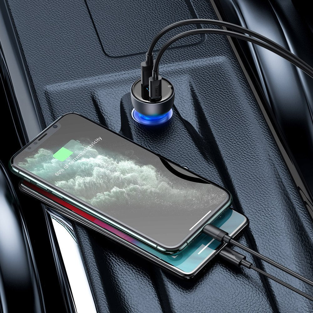 Baseus USB / USB Type C car charger 65 W 5 A SCP Quick Charge 4.0+ Power Delivery 3.0 LCD screen + USB Type C - USB Type C cable gray (TZCCKX-0G)