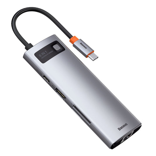 Baseus Metal Gleam 8in1 multifunctional USB Type C HUB - USB Type C Power Delivery 100 W / HDMI 4K 30 Hz / SD and microSD card reader / 3x USB 3.2 Gen 1 / RJ45 1 Gbps Gray (CAHUB-CV0G)