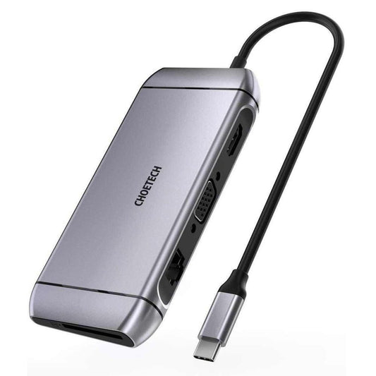 Choetech 9in1 multifunctional USB Type C HUB - 3x USB 3.2 Gen 1 / SD and TF memory card reader / HDMI 4K 30Hz / VGA Full HD 60Hz / USB Type C / RJ45 gray (HUB-M15 gray)