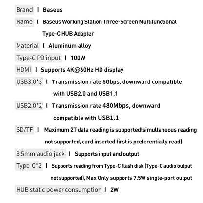 Baseus multifunctional HUB 3x USB 3.2 Gen 1 / 2x USB 2.0 / 2x USB Type C / SD and micro SD card reader / AUX / 3x HDMI / RJ45 1Gbps Power Delivery 100W (EU / CN / UK plugs) gray (CAHUB-DG0G)