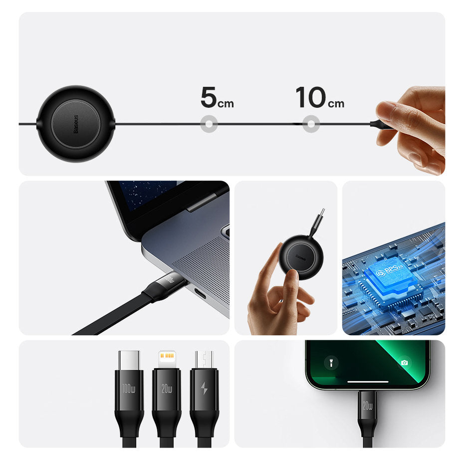 Baseus Bright Mirror 2 retractable cable 3in1 cable USB Type C - micro USB + Lightning + USB Type C 3.5A 1.1m blue (CAMJ010203)
