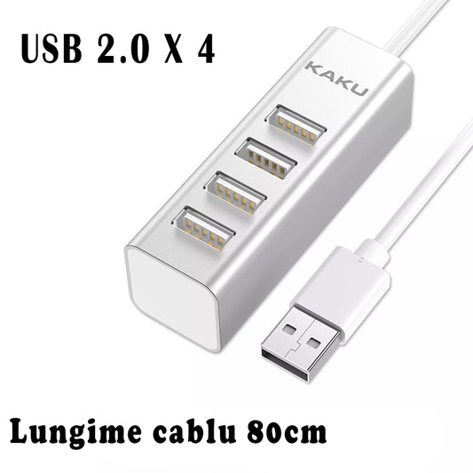 Hub USB 2.0 cu 4 Porturi, Viteza de 480 MB si Cablu de 80cm, Aluminiu