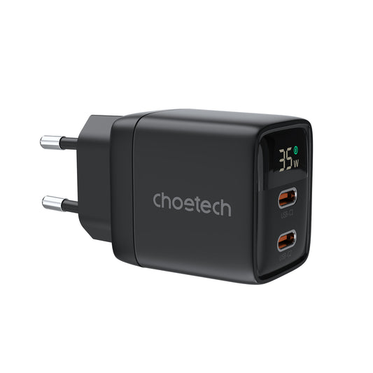 Choetech PD6051 USB-C USB-C PD 35W GaN wall charger with display - black