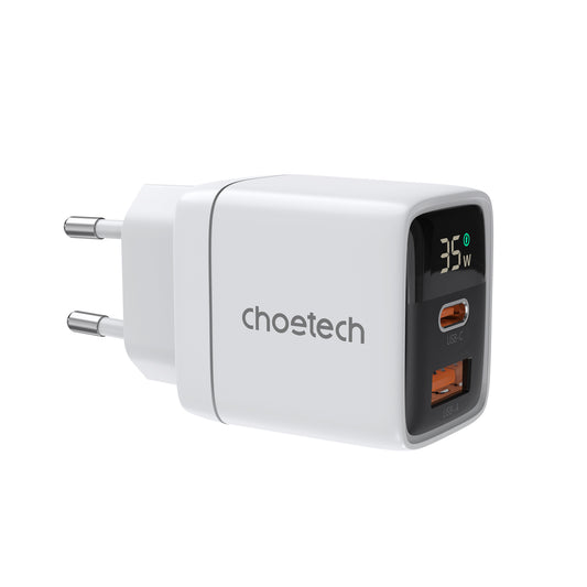 Choetech PD6052 USB-C USB-A PD 35W GaN wall charger with display - white
