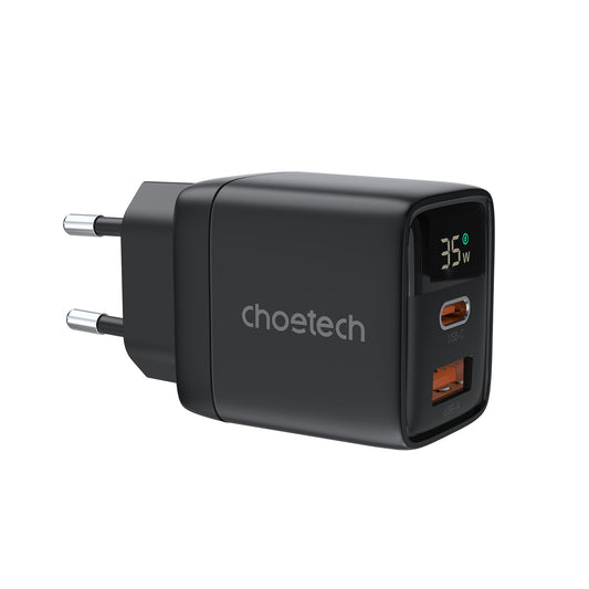 Choetech PD6052 USB-C USB-A PD 35W GaN wall charger with display - black