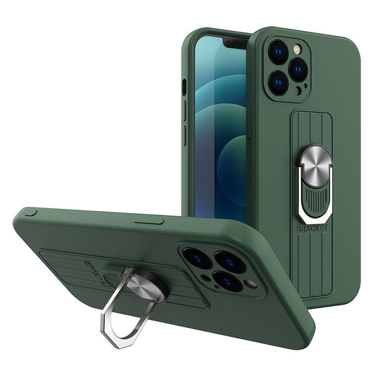 Ring Case silicone case with finger grip and stand for iPhone 12 Pro dark green